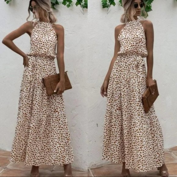 Dalmatian Print Ruffle Hem Belted Halter Dress